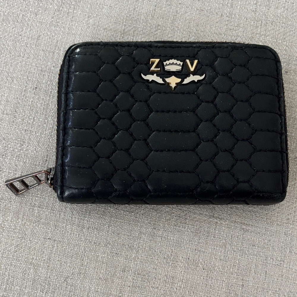 Zadig & Voltaire Black Hexagon Quilted Leather Zippered Wallet w/ZV Logo